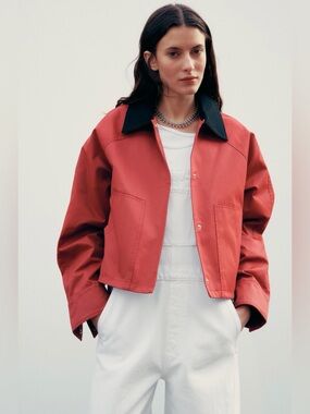 Zara Red Cropped Barn Jacket with Black Collar - Women